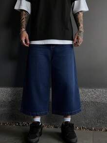 Grunge Goth Y2K 風格男士休閒刺繡寬鬆寬腿百搭七分牛仔褲，時尚個性街頭穿搭，適合工作、通勤、舞台表演、朋友聚會、戶外穿著 - 藍色 - 查看 3