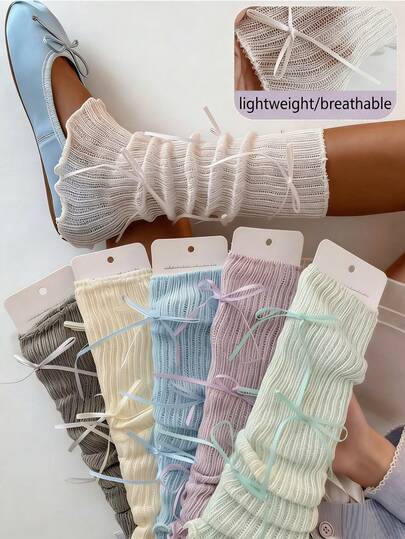 2/3/4 双装女士彩色腿套，修身款，细蝴蝶结蕾丝边及膝长筒袜，百搭Y2K风格，春夏必备