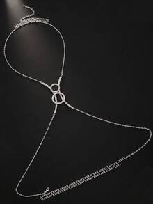 1pc Silver Sexy Crystal Double Circle X Body Chain Necklace, Women Summer Beach Bikini Body Jewelry - Silver - View 3