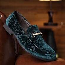 Men's Velvet Penny Loafers Luxury Vintage Jacquard Pattern Classic Gold Buckle Party Prom Dress Shoes - màu xanh lá - Xem 1