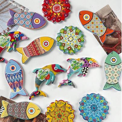 1pc Colorful Creative Vintage Floral, Fish, Dolphin Shaped High-Definition Printed Fridge Magnet, Suitable For Home Decor, Refrigerator, Travel Souvenir, Holiday & Birthday Gift