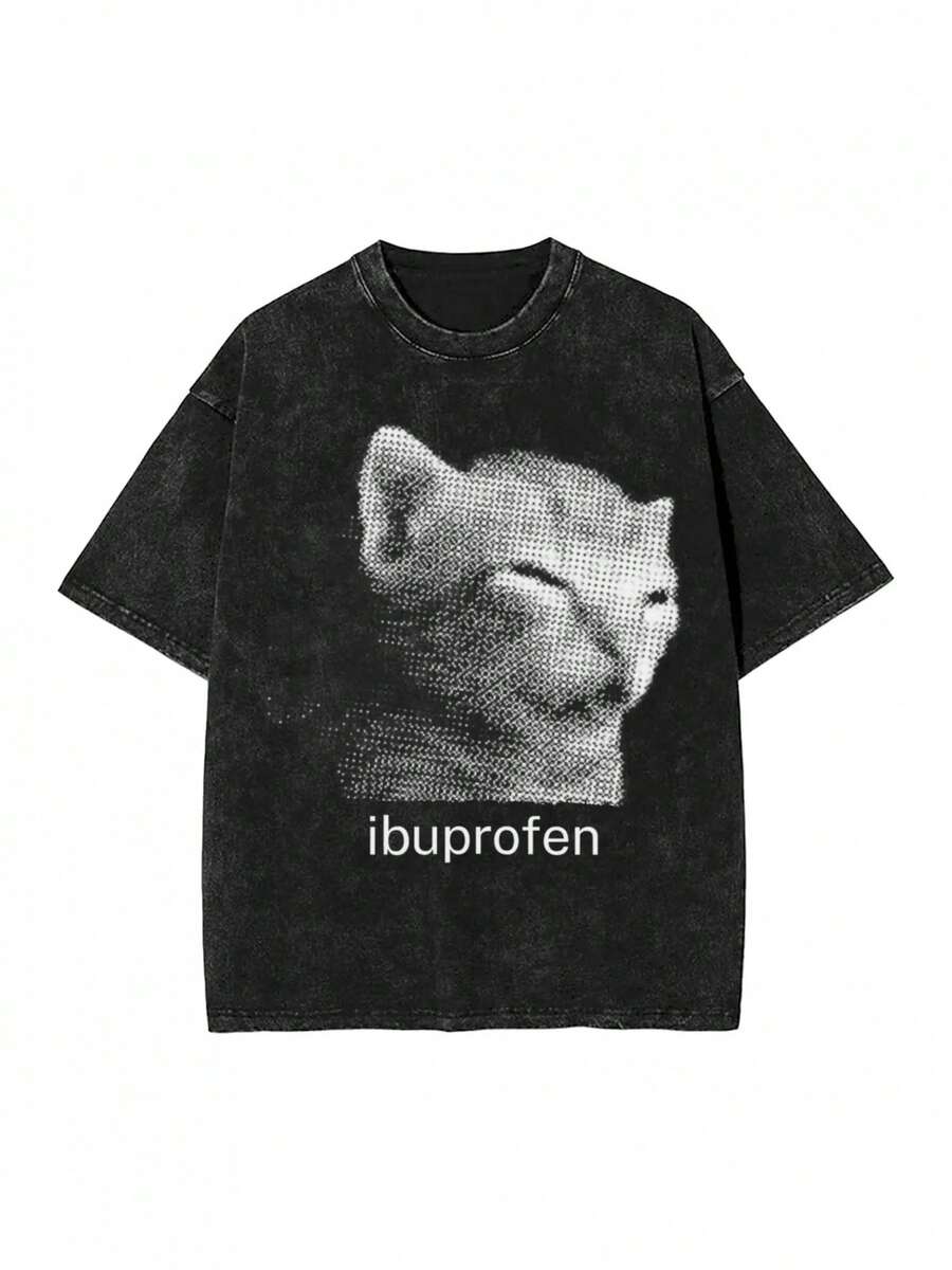 I Have A Headache. Ibuprofen. Washed Cat Print T-Shirts. Hip Hop Streetwear T-Shirts. Men's And Women's Short Sleeve Harajuku Summer Print T-Shirt. Unisex Top. Washed Black Vintage Streetwear Loose T-Shirt. - 黑色 - 查看 1