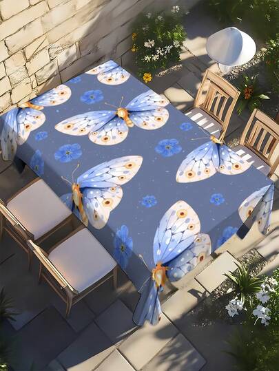 1件蓝色花蝶图案长方形桌布，防水防油，易于擦拭，适用于野餐、露营、婚礼、生日派对、居家、厨房、餐厅、室内/室外等场合。