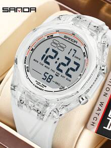 SANDA 6289 Relojes electrónicos impermeables para hombres, multifuncionales, con LED luminoso, alarma, cronómetro y pantalla digital - Blanco - Ver 1