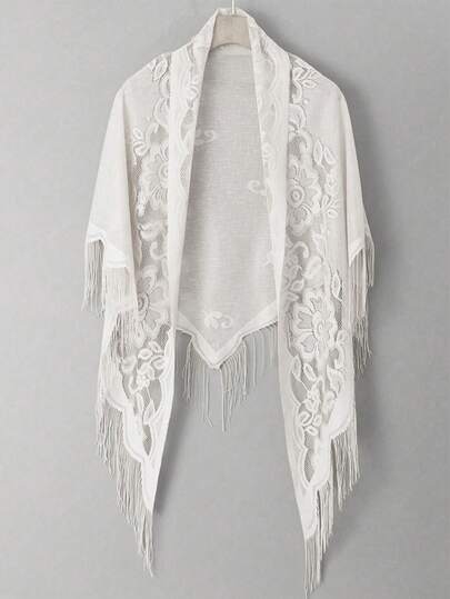 1件装女士镂空花卉蕾丝三角披肩，轻盈透气波西米亚风流苏围巾，适合日常穿着、旅行、度假、海滩、婚礼、派对、情人节约会等场合。