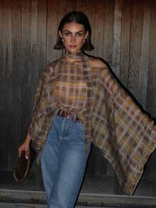 Women's Elegant Plaid Poncho Style Scarf Collar Romantic Top, Suitable For Ladies' Summer Vacation And Beach Outings - Olive Green - View 6