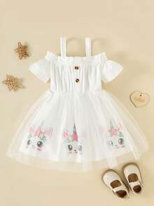 Summer Baby Girls Sweet Unicorn & Cat Print Sling Dress, Mesh Skirt Flounce Off-Shoulder Strap Design Puff Dress - White - View 2