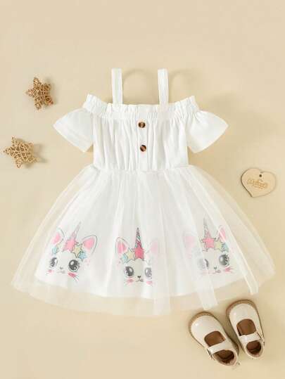 Summer Baby Girls Sweet Unicorn & Cat Print Sling Dress, Mesh Skirt Flounce Off-Shoulder Strap Design Puff Dress