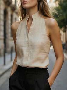 Minimalist Elegant Beige Women's Sleeveless Top, Summer Fashion Simple Versatile Blouse For Work Casual - Khaki - View 2