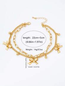 1 pieza Tobillera de doble capa con lazo, bola dorada y borla, diseño bohemio de resort de playa, joyería de regalo para mujer para fiestas/vacaciones - Amarillo Oro - Ver 2