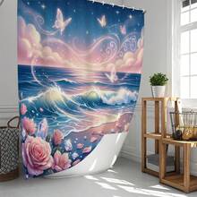 Conjunto de cortina de chuveiro multifuncional com estampa de paisagem de praia, diamantes florais e borboletas (1 peça/4 peças), 12 ganchos inclusos, elegante e com atmosfera de férias, tapete de banheiro, tapete para vaso sanitário em formato de U e tapete para vaso sanitário redondo, adequado para todos os ambientes de banheiro. - D - Ver 10