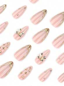极简可爱钻石蝴蝶结3D法式美甲杏仁形24片中长人造指甲贴片套装，适合上班族、日常佩戴、约会、下午茶、外出等场合。 - 彩色 - 查看 3