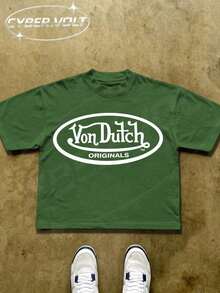 Dutch Manfinity Y2K Style Print (180g Pure Cotton T-Shirt) Cotton T-Shirt - Soft And Breathable, Green Print 100% Pure Cotton Fabric - Comfortable And Vibrant Summer Streetwear Short-Sleeved T-Shirt, Cool Motorcycle Design, Vintage Summer Everyday Wear T-Shirt - 橄欖綠 - 查看 7