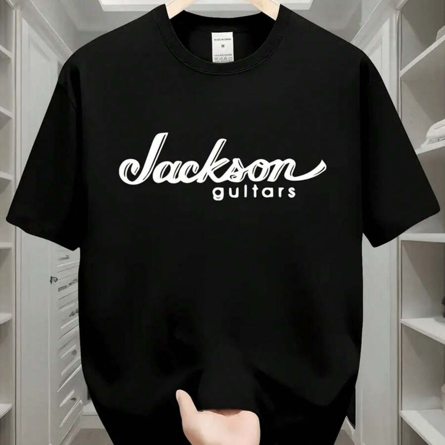 Men'S Casual Summer T-Shirt With "Jackson Guitars" Graphic Print, Black Short Sleeve Crew Neck Tee, Lightweight Polyester Blend For Casual Attire, Guitar T Shirt - Black - View 1