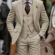 Men's 3pcs Wool Blend Herringbone Western Vintage Groom's Favors Wedding Suit For Formal Events, Work, Business, And Parties - Elegant Vintage Suit Jacket, Vest, And Pants - 卡其色 - 查看 4