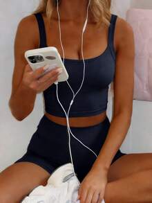 GAOVOT Women's Two Pieces Summer Sports With Breast Pad Sexy Halter Top And High Waisted Hip Shorts Suit For Exercise Yoga Gym - 藏蓝色 - 查看 3