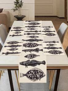 1pc Minimalist Ocean Creature Printed Linen Table Runner/Placemat, Suitable For Holidays, Parties, Birthdays, Dinners, Kitchen & Dining Table Decor, Shoe Cabinet Cover, All Season Room Decor & Home Textile - Multicolor - View 3
