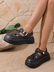 时尚厚底罗马式高帮乐福鞋，黑色透气女士套脚鞋 - 黑色 - 查看 2