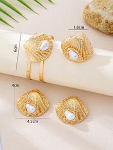 1 Set de pendientes, pulsera y anillo con diseño de perlas y conchas marinas de estilo elegante y a la moda, adecuado para uso diario, vacaciones y playa de mujeres - Dorado - Ver 7