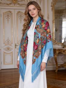 NAAMLOOS 1pc 155x155cm Floral Print Bohemian Vintage Polyester Tassel Oversized Scarf/Shawl, High-End, Versatile For Women, All Seasons - Multicolor - View 16