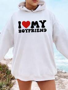 I LOVE MY BOYFRIEND Print Women's Autumn/Winter Warm Wool-Lined Cotton Loose Fit Sweatshirt Sweatshirt, Soft & Comfortable, Suitable For Cold Weather, Y2K Style, Suitable For Valentine's Day, Carnival, Party, Beach, Wedding, Gym, Elegant, Vacation - White - View 1