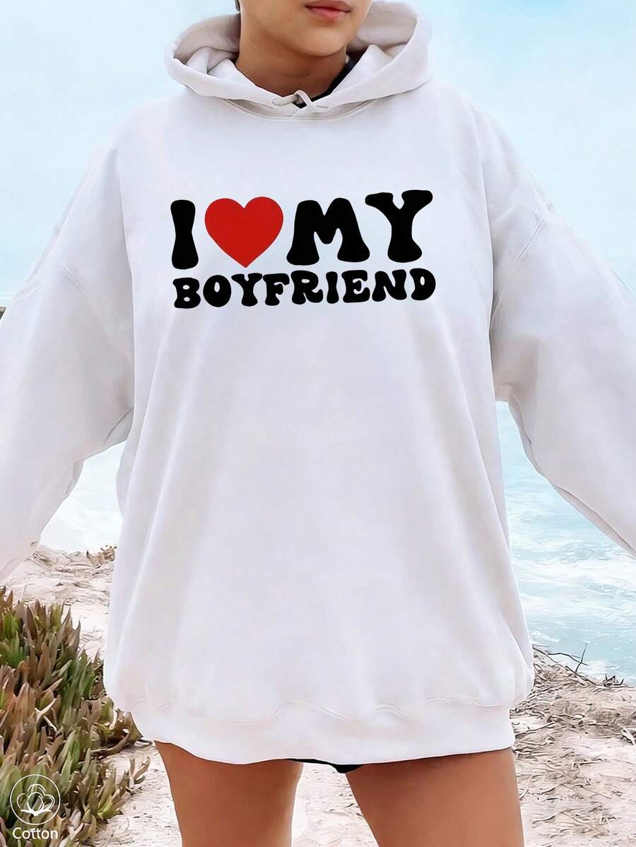 I LOVE MY BOYFRIEND Print Women's Autumn/Winter Warm Wool-Lined Cotton Loose Fit Sweatshirt Sweatshirt, Soft & Comfortable, Suitable For Cold Weather, Y2K Style, Suitable For Valentine's Day, Carnival, Party, Beach, Wedding, Gym, Elegant, Vacation - White - View 1