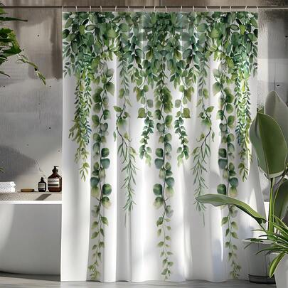 1件绿色植物条纹印花浴帘，高品质家居装饰浴帘，现代百搭浴室配套浴帘，四季通用浴帘，配有12个挂钩