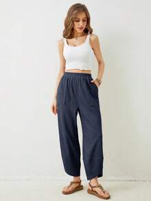 Women's Baggy Wide Leg Pants,Fall Cargo Pants With Paper Bag Waist,Cotton Loose Fit Palazzo Pants With Pockets - Màu xanh hải quân - Xem 3