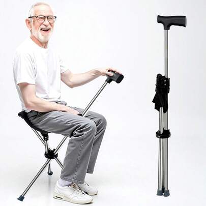 Lightweight Adjustable Folding Walking Cane With Seat | Telescopic Trekking Stick & Support Crutch With Non-Slip Tip (150kg Load, Black)