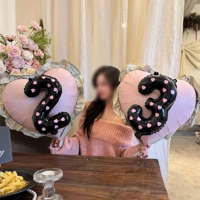 Bóng bay số màu đen 16 inch từ 0-9, bóng bay hình trái tim ren màu hồng, bóng bay hình trái tim bằng giấy bạc màu hồng và nhãn dán hình trái tim tự làm, thích hợp cho tiệc sinh nhật, trang trí chụp ảnh, tiệc mừng em bé, cầu hôn, trang trí kỷ niệm.