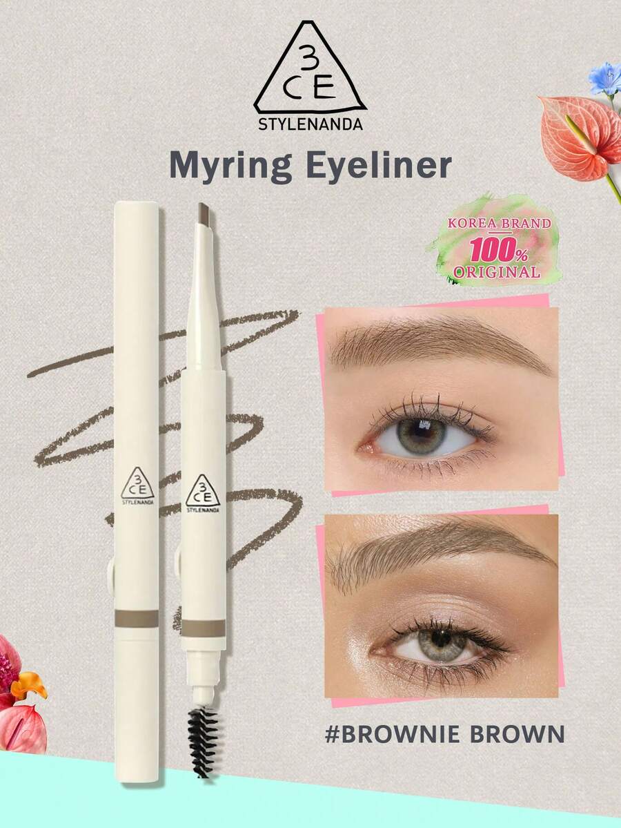 3CE 1pc Brown Eyebrow Pencil, Soft Smooth Texture, Flat Tip Design For Easy Shaping And Filling, Natural Hair-Like Feel, Waterproof And Smudge-Proof, Built-In Spoolie Brush, Suitable For Beginners, Korean Eyebrow Makeup, K-Beauty 130mg/0.0046 Oz