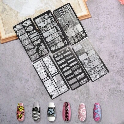 Bộ 6 khuôn dập móng nghệ thuật, dụng cụ dập móng họa tiết ren.