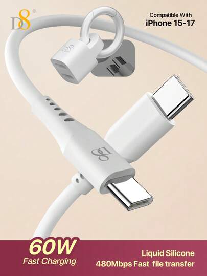 Cable USB C D8, cable llavero, cable cargador portátil, cable de carga rápida, carga PD de 60W, sincronización de datos a 3A, USB-C a USB-C, USB 2.0, cable tipo C, cable de 1,2 metros, cable cargador para mujeres, niñas, accesorios 3C, accesorios para teléfonos, gadgets tecnológicos para ella, accesorios tecnológicos lindos, regalo para ella, cable de carga de viaje, compatible con iPhone, Galaxy