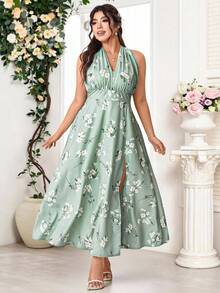 Plus Size Floral Print High Slit Criss-Cross Backless Dress Elegant Party Summer - Green - View 4