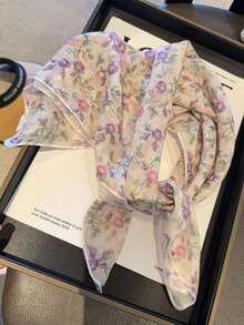 1件春夏新款曼塔紫玫瑰小方巾，女士拍照道具丝巾，透气柔软乡村风围脖 - 紫色 - 查看 1
