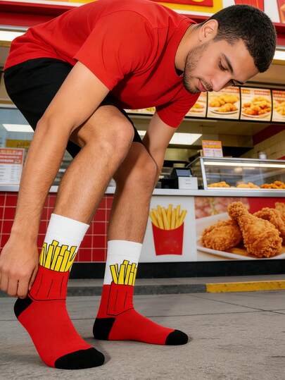 1 Pair Men's French Fry Printed Fashionable Casual Versatile Sports Mid-Calf Socks