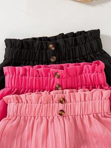 3pcs Girls Casual Solid Color Faux Button Elastic Waist Regular Fit Pants, Spring & Autumn - Hot Pink - View 3