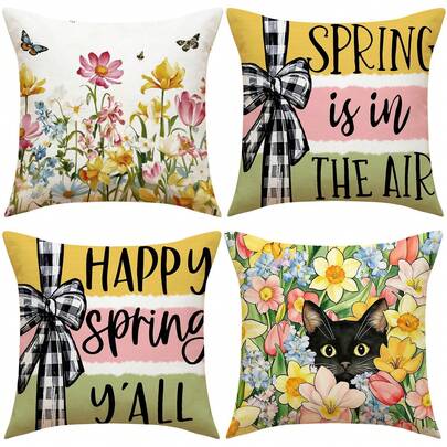 四季涤纶枕套，简约春夏北欧花卉、蝴蝶、猫咪图案枕套，房间装饰，卧室装饰，沙发椅靠垫套，17.7*17.7英寸/45X45厘米，1个/4个装（不含枕芯）
