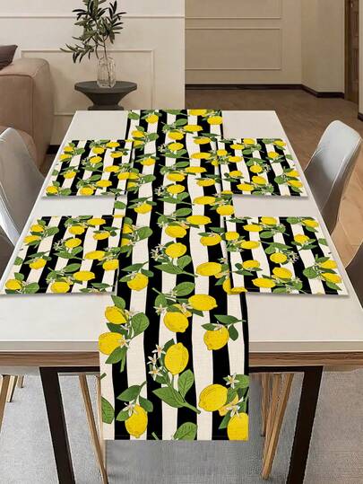 1pc Lemon Print Table Runner, 4pcs Striped Lemon Print Placemats, Suitable For Holidays, Parties, Birthdays, Dinners, Kitchen & Dining Room Decor, Applicable For All Seasons, Home Textile Decoration