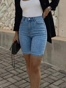 Quần short denim co giãn dành cho nữ, trang phục thường ngày đi biển/nghỉ mát/lễ hội nhạc đồng quê mùa hè. - Rửa trung bình - Xem 1