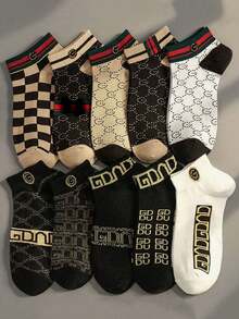 1/5 Pairs Men's Fashionable Low-Cut Socks, Men's Fashion Crew Socks With Classic GG Pattern, Luxury Style Cotton Socks, Breathable And Soft For All Seasons - Multicolor - View 1