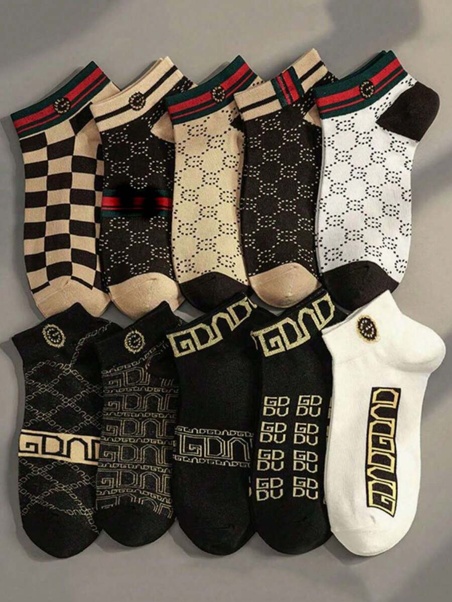 1/5 Pairs Men's Fashionable Low-Cut Socks, Men's Fashion Crew Socks With Classic GG Pattern, Luxury Style Cotton Socks, Breathable And Soft For All Seasons - Multicolor - View 1