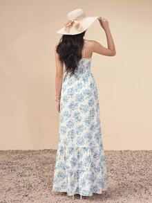 PARTHEA Casual Women's Long Strap Dress, Spaghetti Strap Sleeveless Design, Tie Pocket, Backless, Ruffled Hem, Printed Fabric, Suitable For Summer, Boho And Retro Style Vacation - Light Wash - View 5