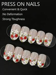 24片裸色草莓造型美甲贴纸，短款椭圆形可爱假指甲，柔和裸色底色搭配甜美草莓图案。白色花朵设计，适合所有季节（春、夏、秋、冬），亚克力材质，短款椭圆形，通勤、春季郊游、花园派对等场合的理想之选，亮面设计 - 彩色 - 查看 3