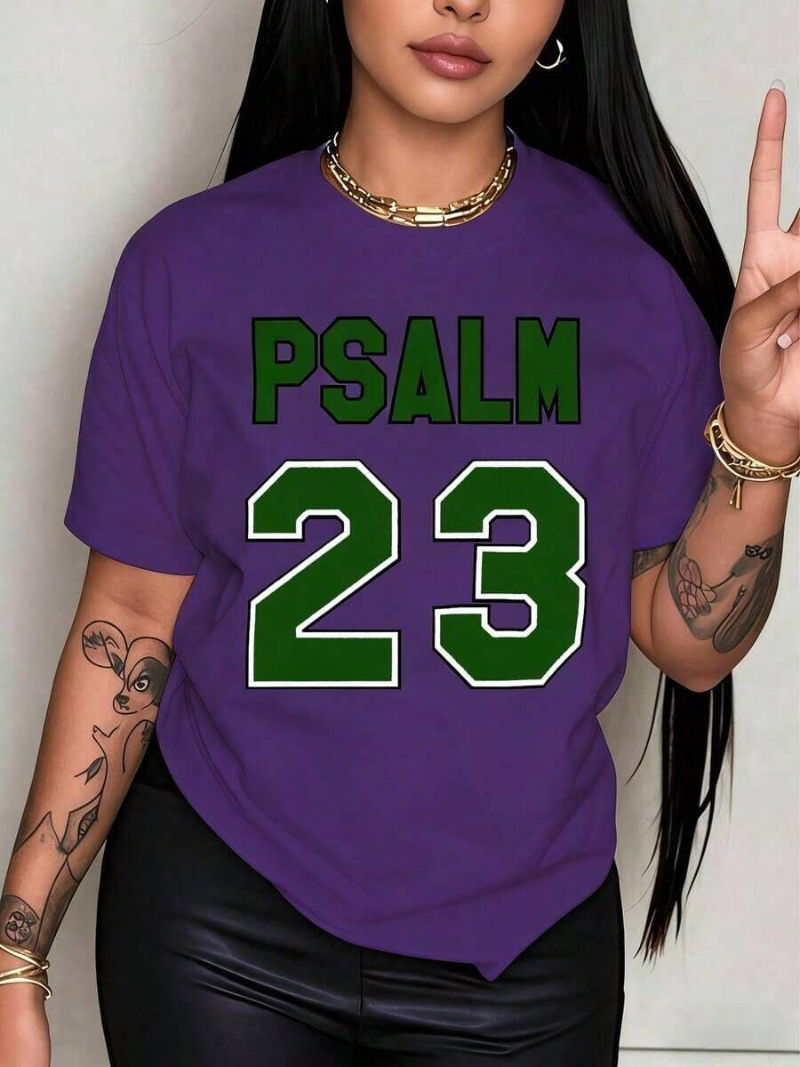 Hot Classic StyleWomen's Psalm 23 Jersey Premium T-Shirt - Casual Short-Sleeve Crew Neck T-Shirt With Bright Green Lettering, Soft And Breathable - 紫色 - 查看 1