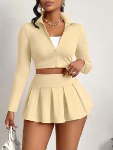 Women's Sexy 2-Piece Set, Slimming Top And Girly Style Safety Pants/Skirt, Suitable For Sports,Daily Life,Tennis,L Elegant Zipper Design,Autumn/Winter - 杏色 - 查看 6