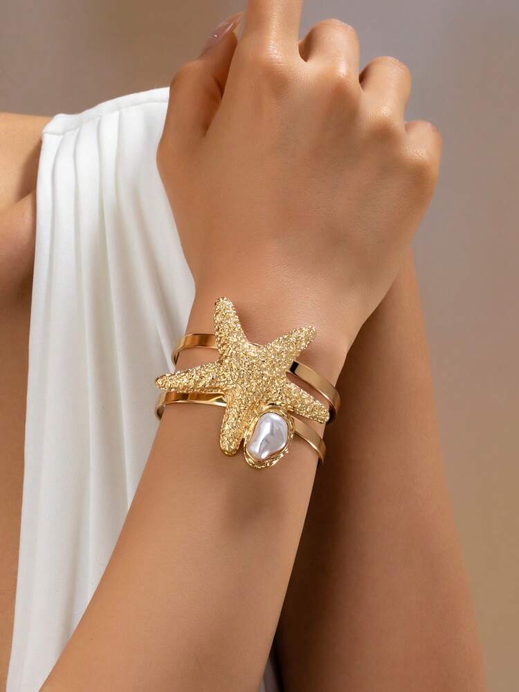 Anillo abierto hueco con estrella de mar y perla irregular de temática marina, adecuado para uso diario, vacaciones y accesorios de playa de las mujeres - Dorado - Añade 10