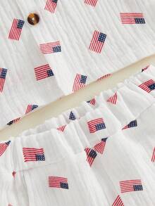Toddler Boy 4th Of July Outfit Infant Baby Independence Day Patriotic Clothes Flag Print Short Sleeve Button Up T Shirt And Linen Shorts Set - 白色 - 查看 8