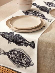 1pc Minimalist Ocean Creature Printed Linen Table Runner/Placemat, Suitable For Holidays, Parties, Birthdays, Dinners, Kitchen & Dining Table Decor, Shoe Cabinet Cover, All Season Room Decor & Home Textile - Multicolor - View 14