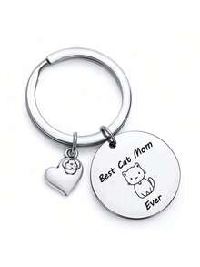 1pc "Best Cat Mom Ever" Cat Graphic & Heart Pendant Metal Keychain, Mother's Day Birthday Gift - Silver - View 3